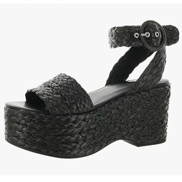 MARC FISHER | Marcell Braided Platform Sandal Black Espadrille Ankle Strap | 6.5 - Picture 1 of 12